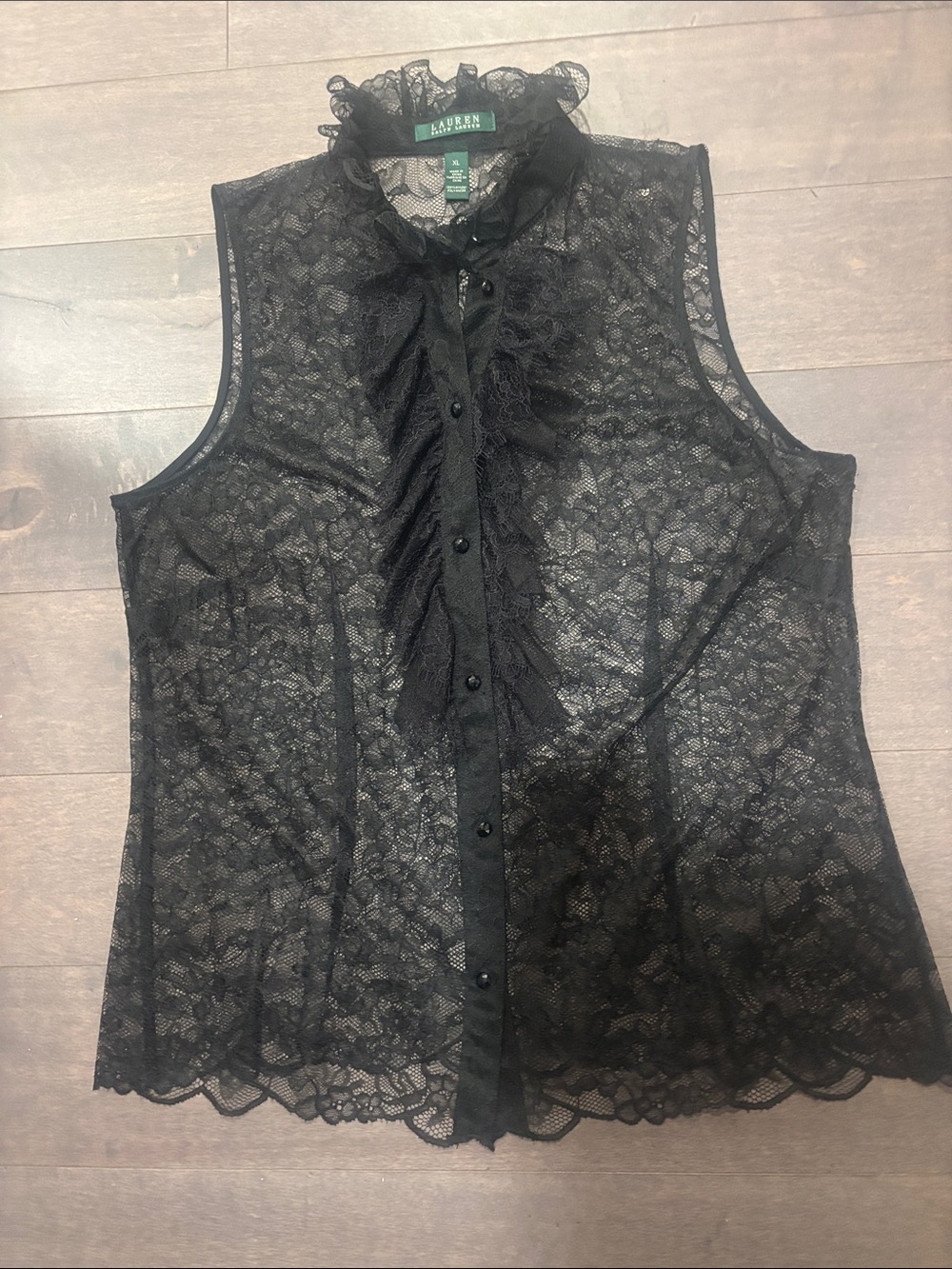 Ralph Lauren Black Sleeveless Lace Ruffle Front Blouse